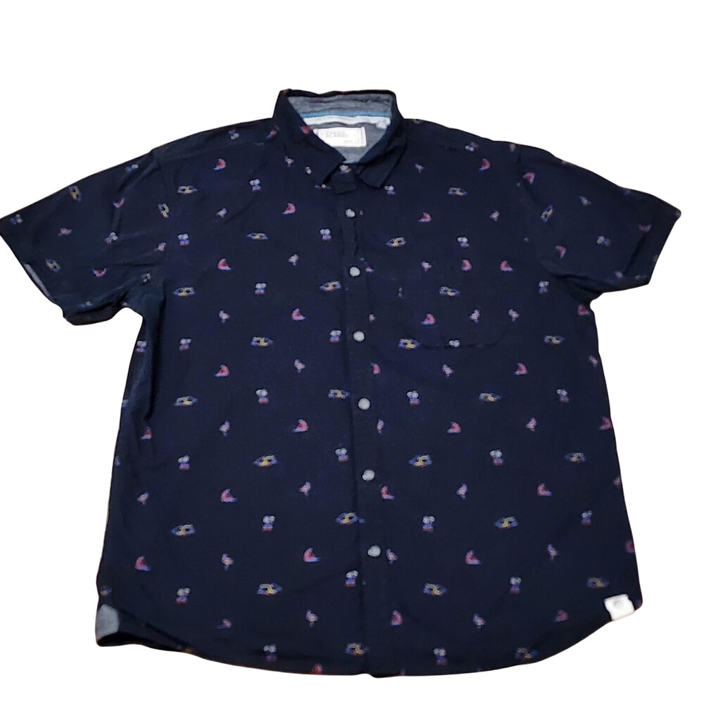 Free Planet Shirt Mens Large Blue Tropical Flamingo Print Button Short Sleeve